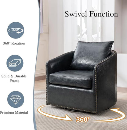 HAOMARKETS 360 Degree Swivel Accent Chair Set of 4 with Plump Back Pillow, Waterproof Oil Waxed PU Leather Swivel Armchair with Rivets, Comfy Vintage Round Barrel Chair for Living Room
