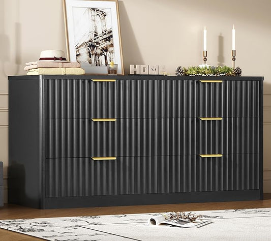 TEENFON Fluted 6 Drawer Dresser for Bedroom, Wide Modern Chest of Drawers with Metal Handle, Curved Profile Design, Wood Closet Clothes Storage Organizer for Bedroom, Living Room, Hallway, Black