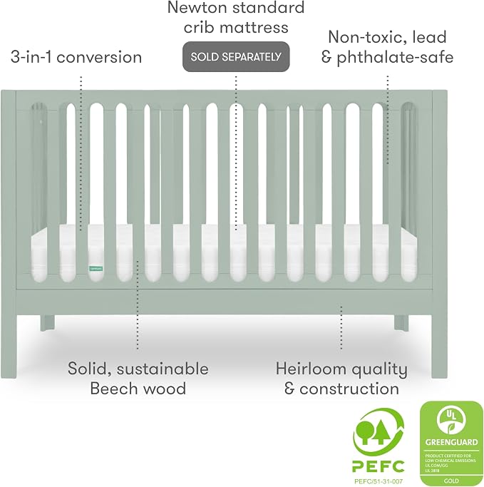 Newton Baby Galileo Standard Crib, Solid Beech Wood in Sage Color, 3-in-1 Convertible Crib with Toddler Bed Conversion Kit, Baby-Safe Finish