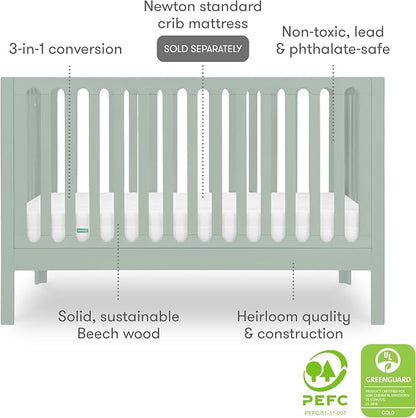 Newton Baby Galileo Standard Crib, Solid Beech Wood in Sage Color, 3-in-1 Convertible Crib with Toddler Bed Conversion Kit, Baby-Safe Finish