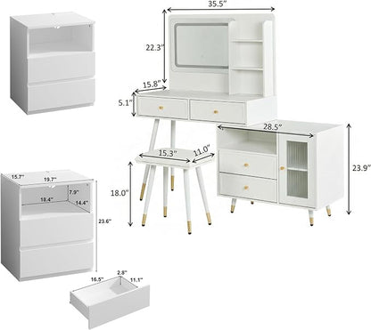 4 Pieces Queen Bedroom Set, Modern PU Fabric Metal Bed Frame with Charging Port, LED Light& Adjustable Headboard, Retractable Dressing Table with Mirror& Light, 2 Nightstands with Charge