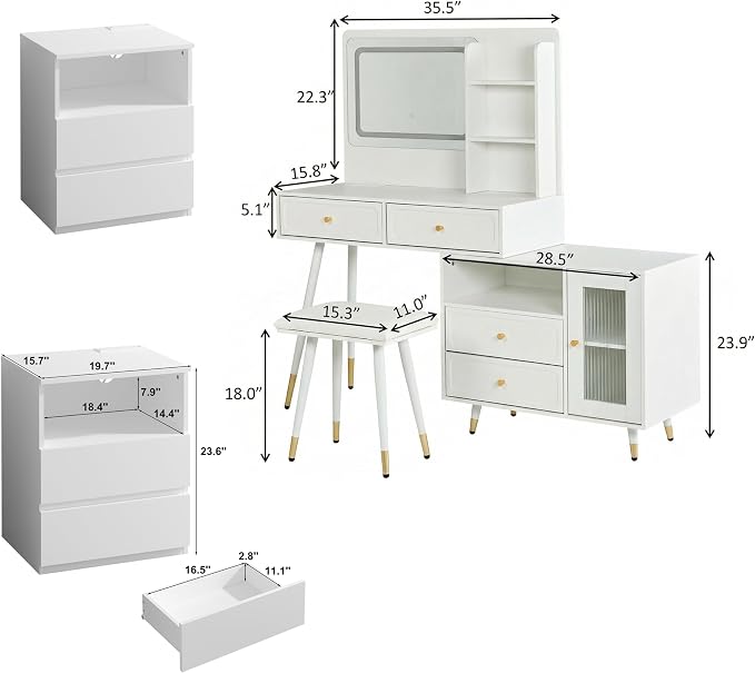 4 Pieces Full Bedroom Set, Modern PU Fabric Metal Bed Frame with Charging Port, LED Light& Adjustable Headboard, Retractable Dressing Table with Mirror& Light, 2 Nightstands with Charge