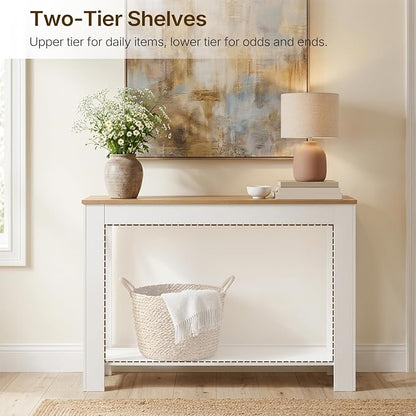YATINEY Farmhouse Console Table, 39.4'' Small Narrow Entryway Table, Wood Couch Table Behind Sofa with Storage Shelf, Slim Farmhouse Hallway Table for Hallway, Foyer, White & Light Walnut CT34WV