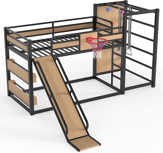 Bellemave Twin Size Bunk Bed with Basketball Hoop, Pull-up Rings and Climbing Wall, Twin Bunk Bed with Slide and Bookcase, Heavy Duty Bunk Beds with Guardrail, Natural