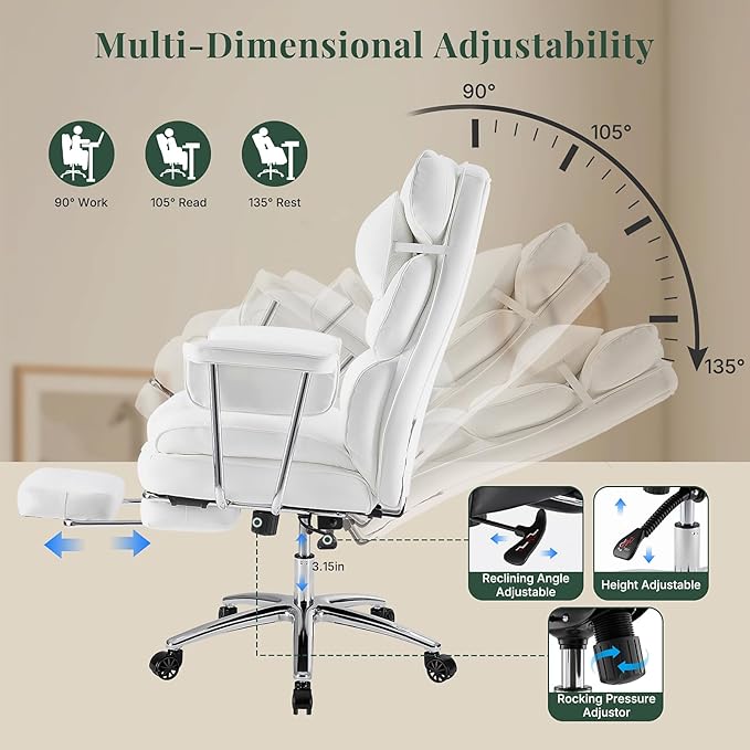 Executive Ergonomic Office Chair, PU Leather High Back Reclining Office Chair with Footrest and Lumbar Support, Height Adjustable Rolling Swivel Computer Chair for Home Office,White