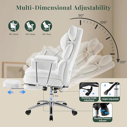 Executive Ergonomic Office Chair, PU Leather High Back Reclining Office Chair with Footrest and Lumbar Support, Height Adjustable Rolling Swivel Computer Chair for Home Office,White