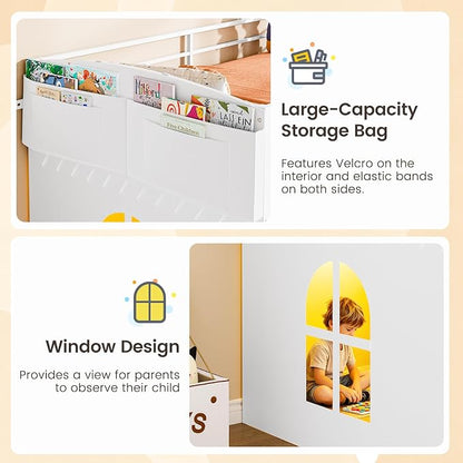 Twin Low Loft Bed with 10 Storage Drawers and LED Lights, Loft Bed Twin Size for Kids with Bookcase, Metal Kids Loft Bed Frames with Safety Guardrail, Inclined Ladder&Play Curtain,Spave Saving,White