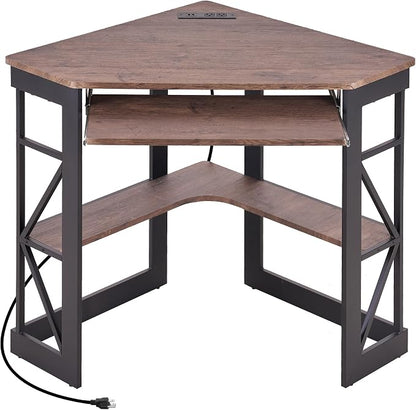 VECELO Corner Desk, Triangle Computer Desk for Small Space with Charging Station and Keyboard Tray, Corner Makeup Table with Storage Shelves for Home Office Bedroom, 41x30, Rustic Brown