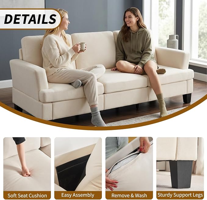 Modern 3 Seater Sofa for Living Room with Soft Deep Seats, Sofa 3 Seater in Linen, Upholstered Apartment Sofa with Armrests, Comfy Cozy Sofas for Bedroom, Linen, Beige
