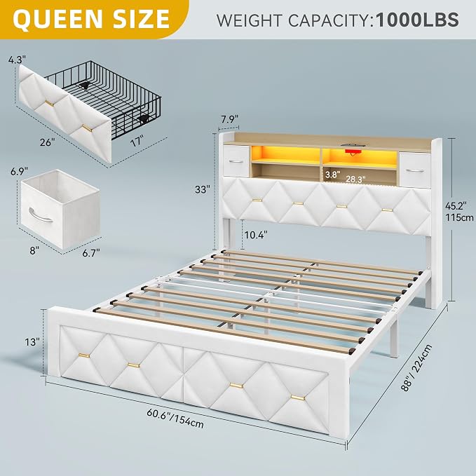 YITAHOME Queen Size Bed Frame with 2 Storage Drawers and Storage Headboard, Upholstered Platform with Charging Station and LED Light, No Box Spring Needed, Noise Free, Easy Assembly, Velvet White