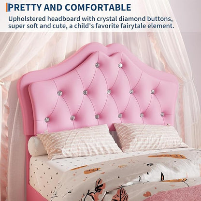 Garvee Twin XL Size Bed Frame with LED Lights & Velvet Crystal Button Headboard, Upholstered Boy Platform Bed with Storage Drawer, Noise Free, No Box Spring Needed for Kids, Teens, Pink