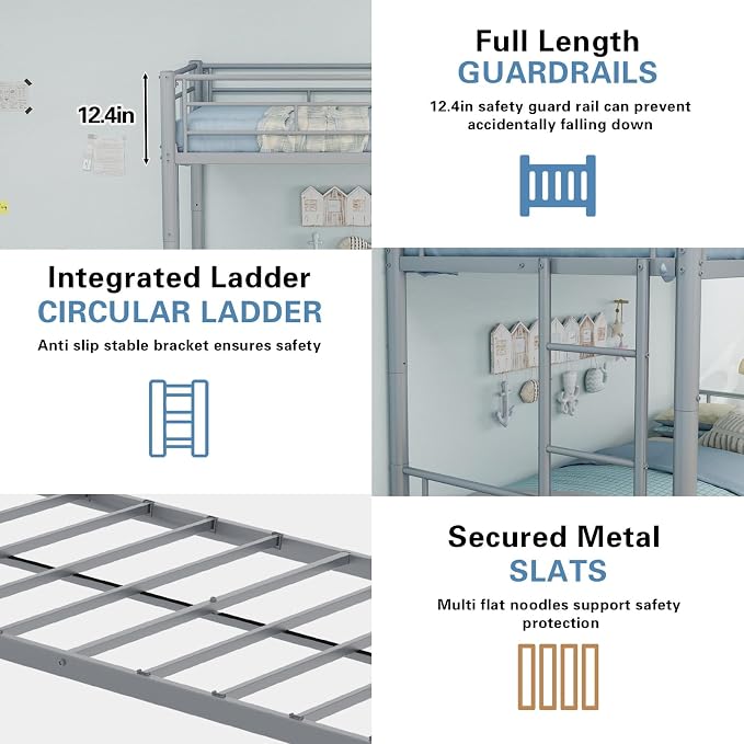 Metal Bunk Bed with Trundle, Space-Saving Bunk Bed Twin Over Twin with Ladders and Safety Guardrail, Heavy Duty Twin Bed Frames, No Box Spring Needed and Noise Free(Silver)