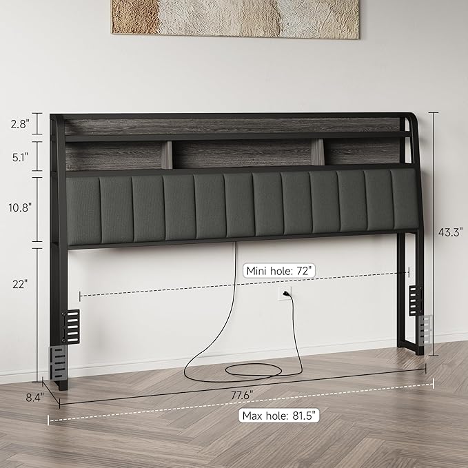 King Headboard Only with Storage, Upholstered Headboards for King Size Bed with LED Light, Charging Station, Height Adjustable, Sturdy and Stable Headboard, Black & Grey