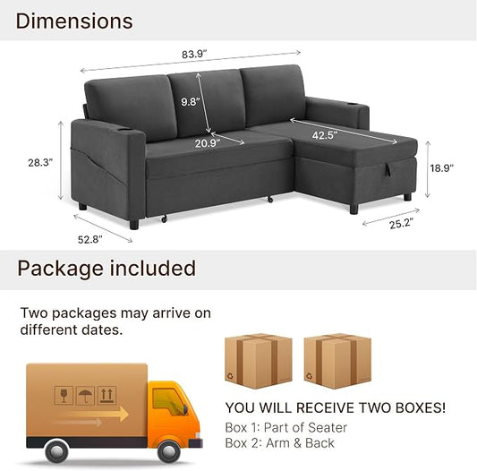 KISLOT 84 Inch Sectional Sleeper Sofa with Pull Out Bed Convertible 2 in 1 Couch with Storage Chaise & USB Charging Comfy L Shaped Modular Couches for Living Room Apartment(2 Box)