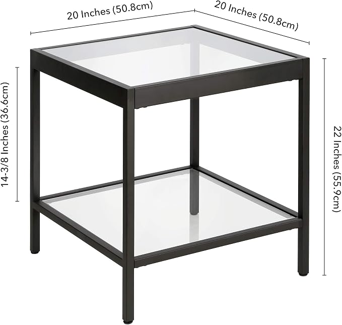 Henn&Hart 20" Wide Square Side Table in Blackened Bronze, Table for Living Room, Bedroom | Two-tiered glass shelves with a metal frame, offering open display space for living rooms, offices, or bedrooms