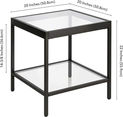 Henn&Hart 20" Wide Square Side Table in Blackened Bronze, Table for Living Room, Bedroom | Two-tiered glass shelves with a metal frame, offering open display space for living rooms, offices, or bedrooms