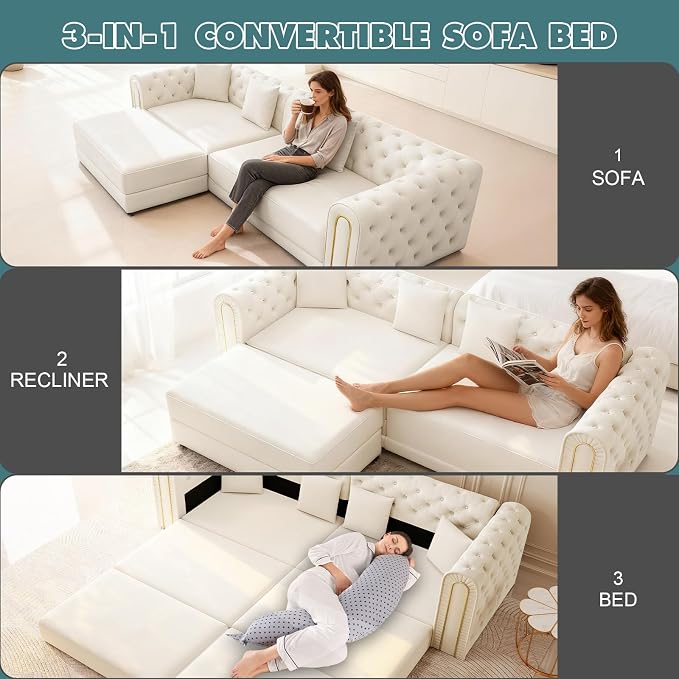 90.6'' Velvet Folding Floor Sofa Bed - 3-in-1 Convertible Sleeper Couch with Ottoman, Button Tufted Gold Edge Trim Chesterfield Sofa, Pull-Out King Size Couch Bed for Apartments, Living Room, Beige | 3-in-1 Convertible
