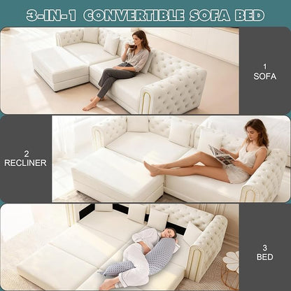 90.6'' Velvet Folding Floor Sofa Bed - 3-in-1 Convertible Sleeper Couch with Ottoman, Button Tufted Gold Edge Trim Chesterfield Sofa, Pull-Out King Size Couch Bed for Apartments, Living Room, Beige | 3-in-1 Convertible