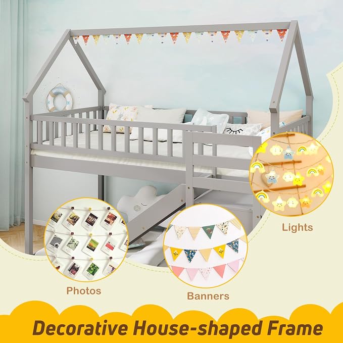 Giantex House Bunk Bed Twin Over Twin with Slide & Stairs, Wood Bunk Bed with Storage Shelves, No Box Spring Needed, Twin Floor Bed for Kids Teens Boys Girls (Grey)