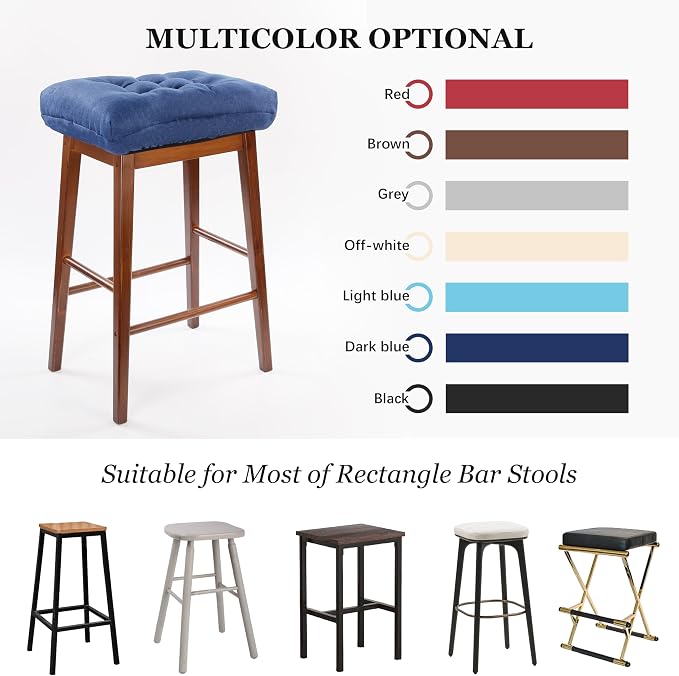 Rectangular Stool Cushion Set of 4, Soft Saddle Stool Cushions with Ties, Nonslip and Washable, Dark Blue, 18 x 10.5 x 4 Inch