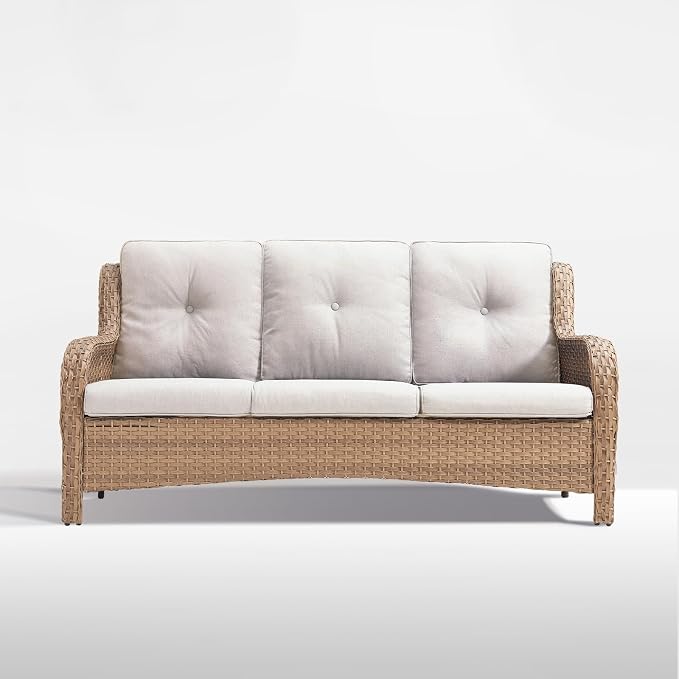 Outdoor Couch All Weather PE Wicker Patio Sofa Outdoor Sofa Deep Seating for Porch Deck Backyard-Yellow Wicker/Beige