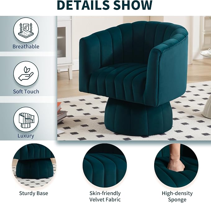 Swivel Accent Barrel Chair - Cute Comfy Small Round 360° Arm Chair Velvet Sofa Club Reading Chair for Living Room Bedroom Office Green