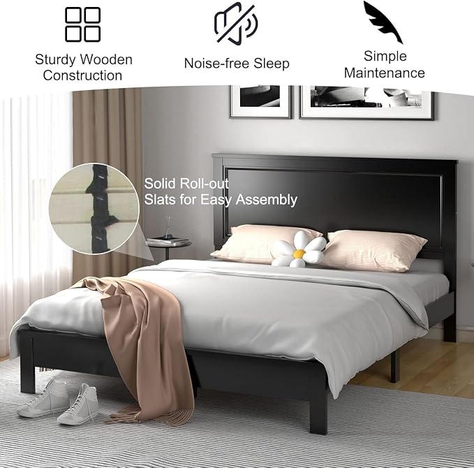 Wood Bed Frames with Headboard, Mid Century Bed Frame with Solid Wood Legs & Wooden Slat Support, Mattress Foundation Bed Base, No Box Spring Needed, (Black, Queen (U.S. Standard))