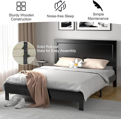 Wood Bed Frames with Headboard, Mid Century Bed Frame with Solid Wood Legs & Wooden Slat Support, Mattress Foundation Bed Base, No Box Spring Needed, (Black, Queen (U.S. Standard))