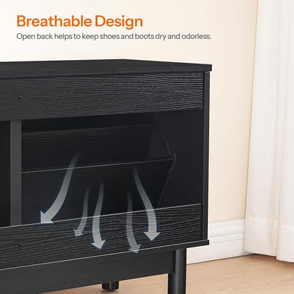 HOOBRO Rattan Shoe Storage Bench with Double Flip Drawers, Narrow Shoe Storage Organizer for Entryway, 11.8" D x 39.4" W x 20.9" H, Hidden Space Saving Wooden Shoe Cabinet for Hallway, Black BN51HX01