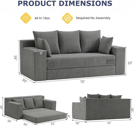 Boneless Couch for Living Room, 3 Seater Convertible Futon Sofa Bed Comfy Pull Out Couch with 5 Pillows & Detachable Washable Cover, Upholstered Floor Sofa in A Box, No Assembly Required, Grey