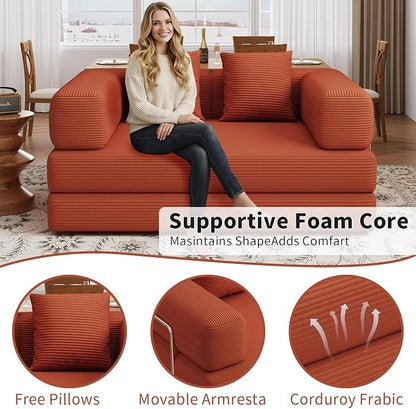 Convertible Futon Sofa Bed, 2 Seater Corduroy Floor Queen Size Bed Foldable Sleeper Lounge Boneless Loveseat Couch with 2 Throw Pillows for Living Room Bedroom Guest Room(Orange, 53.15"Double Sofa)