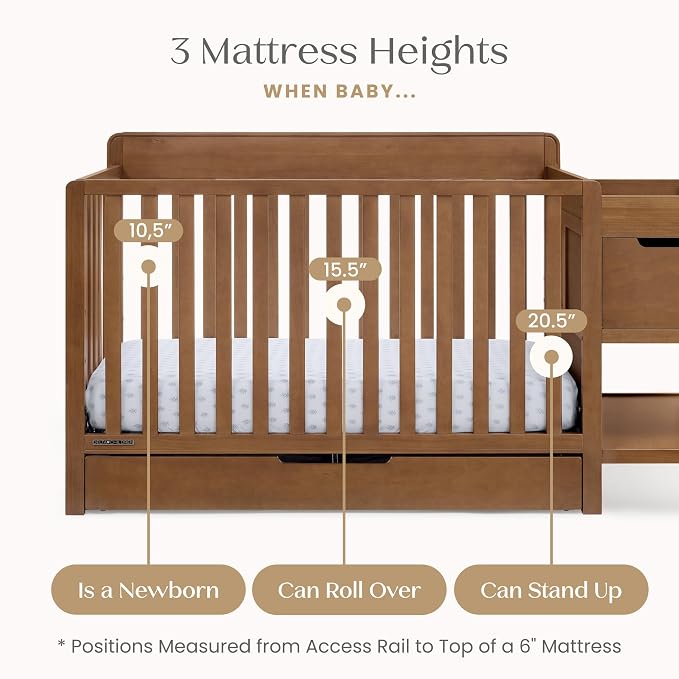 Delta Children Maya 5-in-1 Convertible Crib and Changer with Storage, Converts to Toddler Bed, Daybed, Sofa & Full Bed, Greenguard Gold Certified, 3 Mattress Heights for Baby, Chestnut