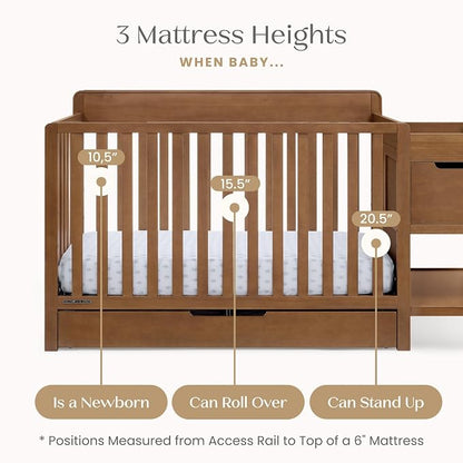Delta Children Maya 5-in-1 Convertible Crib and Changer with Storage, Converts to Toddler Bed, Daybed, Sofa & Full Bed, Greenguard Gold Certified, 3 Mattress Heights for Baby, Chestnut