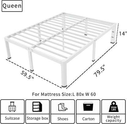 ROIL 14 Inch White Queen Bed Frame with Rounded Corner and Headboard Hole Mattress Retainers 3500LBS Heavy Duty Steel Slats No Box Spring Needed Platform Noise-Free Easy Assembly