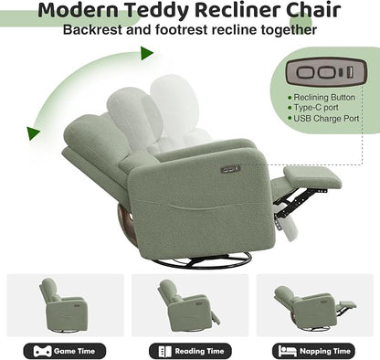 Power Swivel Rocker Recliner, Oversized Electric Boucle Recliner Chair, Teddy Swivel Glider Nursery Reclienr with Removable Cushion, Upholstered Recling Chair for Living Room Bedroom, Green