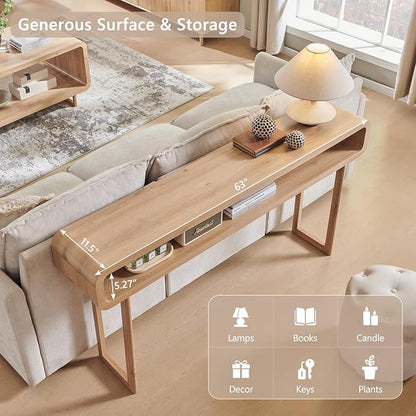IFGET 63-Inch Long Console Table, 31.5" Tall Modern Entryway Table with Open Storage Shelf, Curved Profile Design, Narrow Wood Sofa Table Behind Couch Table for Living Room, Hallway,Foyer, Natural Oak