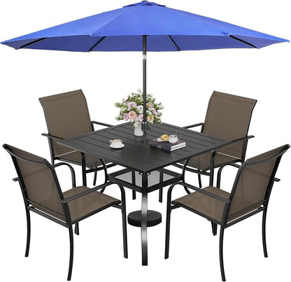 SUNCROWN 6 - Piece Outdoor Dining Set, Patio Furniture Set with 4 Textilene Dinning Chairs, 1 Steel Slat Metal Bistro Table and 1 Dark Blue 9Ft Patio Umbrella for Lawn Garden Backyard Deck, Brown