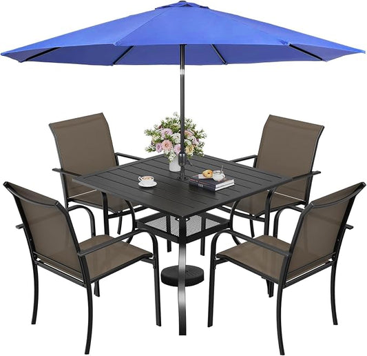 SUNCROWN 6 - Piece Outdoor Dining Set, Patio Furniture Set with 4 Textilene Dinning Chairs, 1 Steel Slat Metal Bistro Table and 1 Dark Blue 9Ft Patio Umbrella for Lawn Garden Backyard Deck, Brown