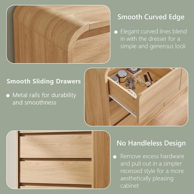 Aitjunz Modern 7 Drawers Dresser for Bedroom, 47" Wide Wood Dressers & Chests of Drawers w/Curved Profile Design, Mid Century Modern Dresser w/Natural Texture for Bedroom, Living Room, Natural Oak