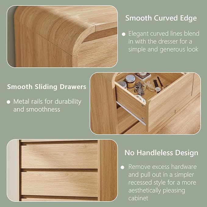 Aitjunz Modern 5 Drawers Dresser for Bedroom, 45" Tall Dressers & Chests of Drawers w/Curved Profile Design, Wood Mid Century Vertical Dresser w/Natural Texture for Bedroom, Living Room, Natural Oak