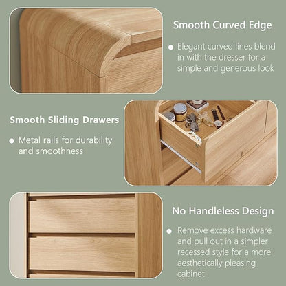 Aitjunz Modern 7 Drawers Dresser for Bedroom, 55" Tall Dressers & Chest of Drawers w/Curved Profile Design, Wood Mid Century Vertical Storage Dressers Organizer for Bedroom, Living Room, Natural Oak