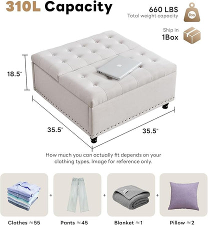 Tbfit Large Square Storage Ottoman Bench, Tufted Upholstered Coffee Table with Lift Top & Solid Wood Legs, Oversized Storage Ottomans Toy Box for Living Room (Beige)