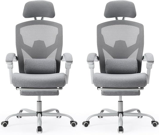 Sweetcrispy Office Computer Desk Chair Set of 2, Ergonomic High-Back Mesh Rolling Work Swivel Chairs with Wheels, Comfortable Lumbar Support, Comfy Arms for Home, Bedroom, Study, Student, Light Grey