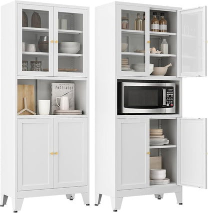 69" Tall Pantry Cabinet with Open Shelf,13.78“Deep By 28" Wide Storage Cabinet with Glass Doors and Adjustable Shelves,Microwave Stand,for Kitchen Dining Room Bathroom,White,1Pc