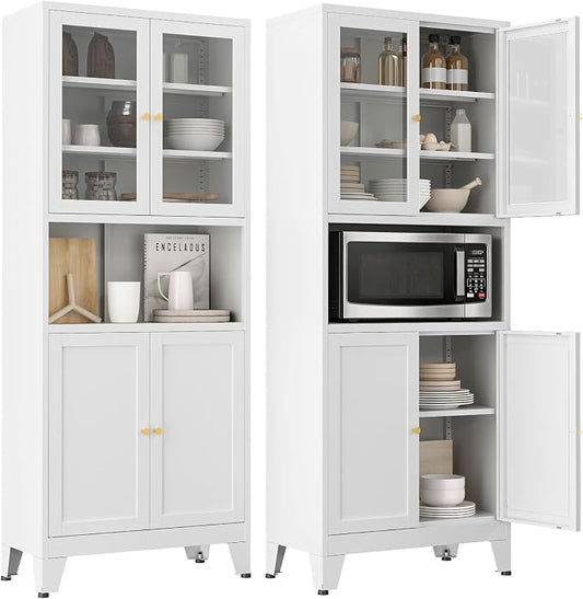 69" Tall Pantry Cabinet with Open Shelf,13.78“Deep By 28" Wide Storage Cabinet with Glass Doors and Adjustable Shelves,Microwave Stand,for Kitchen Dining Room Bathroom,White,1Pc