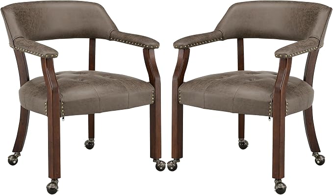 LEEMTORIG Set of 2 Dining Chairs with Casters and Arms, Rolling Dining Chairs with Wheels for Elderly, Ergonomic Wide Seat Wooden Office Chair, 26" Dx25.2 W, Cherry Legs&Dark Brown Fabric SY-1533-DK
