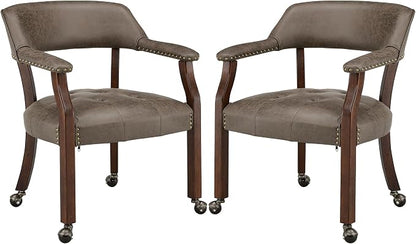 LEEMTORIG Set of 2 Dining Chairs with Casters and Arms, Rolling Dining Chairs with Wheels for Elderly, Ergonomic Wide Seat Wooden Office Chair, 26" Dx25.2 W, Cherry Legs&Dark Brown Fabric SY-1533-DK