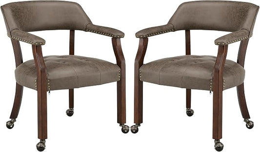 LEEMTORIG Set of 2 Dining Chairs with Casters and Arms, Rolling Dining Chairs with Wheels for Elderly, Ergonomic Wide Seat Wooden Office Chair, 26" Dx25.2 W, Cherry Legs&Dark Brown Fabric SY-1533-DK