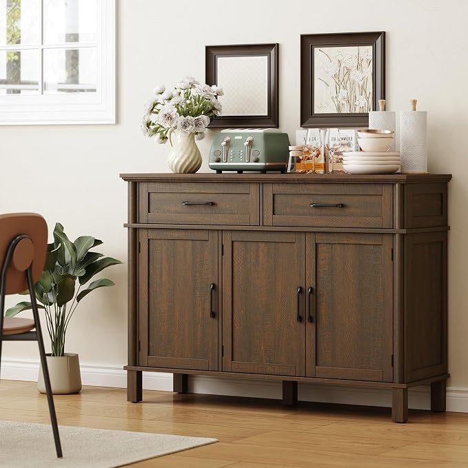 ONBRILL 48 Inch Buffet Cabinet with Storage, Farmhouse Sideboard Buffet w/2 Drawers and 3 Doors, Wood Coffee Bar Cabinet with Adjustable Shelves, Sideboard Storage for Kitchen, Living Room, Brown