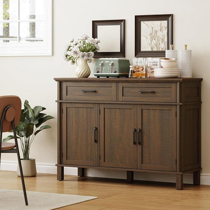 ONBRILL 48 Inch Buffet Cabinet with Storage, Farmhouse Sideboard Buffet w/2 Drawers and 3 Doors, Wood Coffee Bar Cabinet with Adjustable Shelves, Sideboard Storage for Kitchen, Living Room, Brown